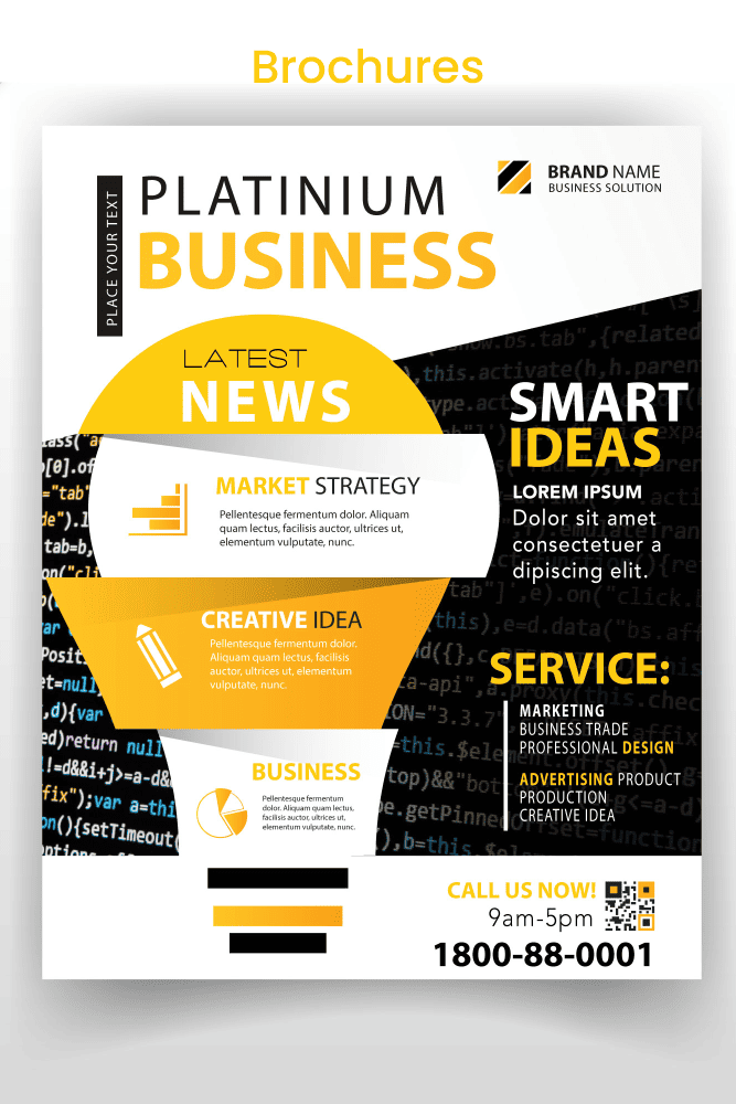 Modern and professional brochure and flyer design services by Hariom Webcraft for "Platinum Business" with a bold yellow, black, and white color scheme.