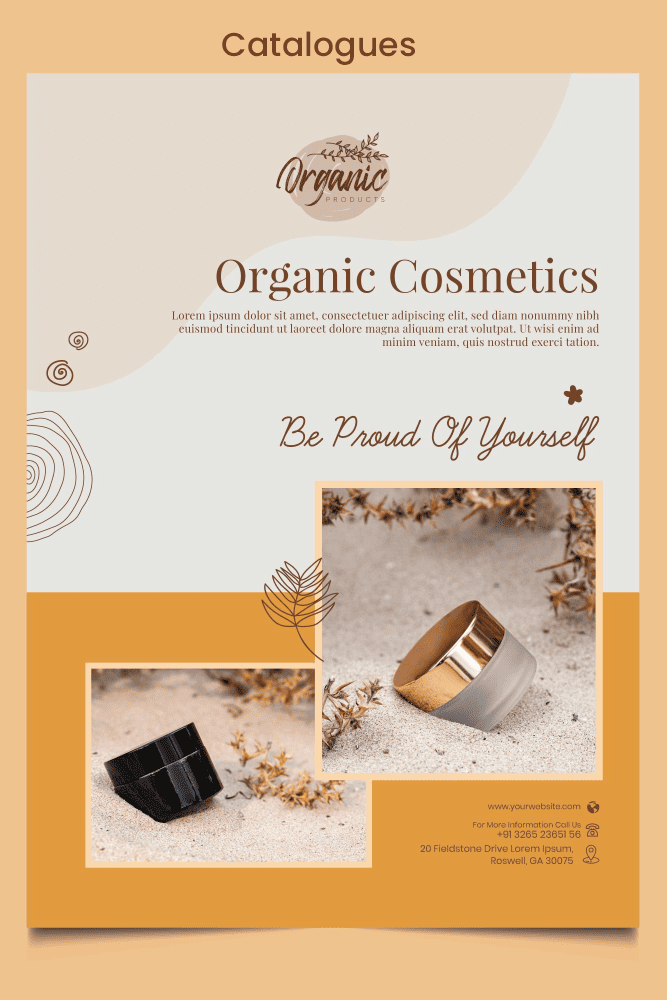 Professional catalogue design for organic cosmetics featuring a beige and brown color palette and product photos on a sandy beach.