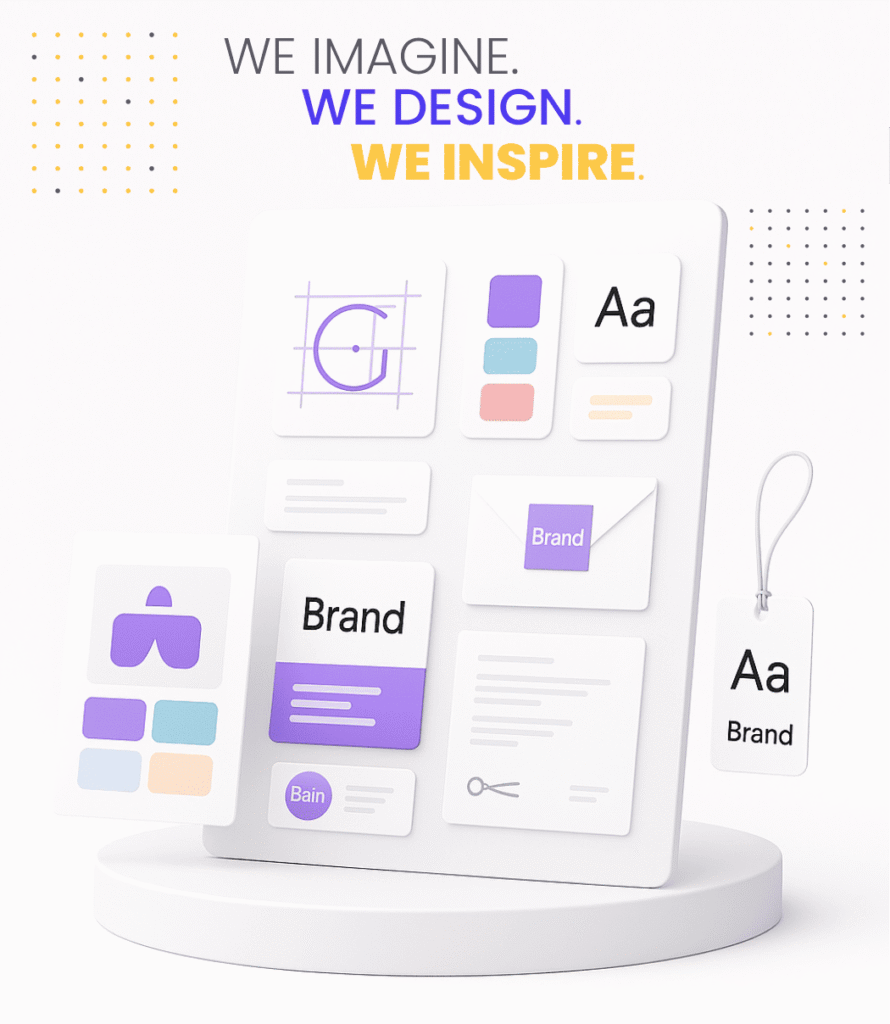 An illustration showing a creative process from a brand's perspective, including a logo concept, color palette, typography examples, and various layouts, with the text, "We imagine. We design. We inspire."
