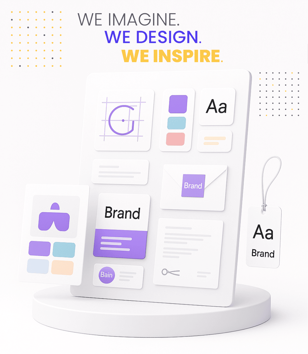 An illustration showing a creative process from a brand's perspective, including a logo concept, color palette, typography examples, and various layouts, with the text, "We imagine. We design. We inspire."