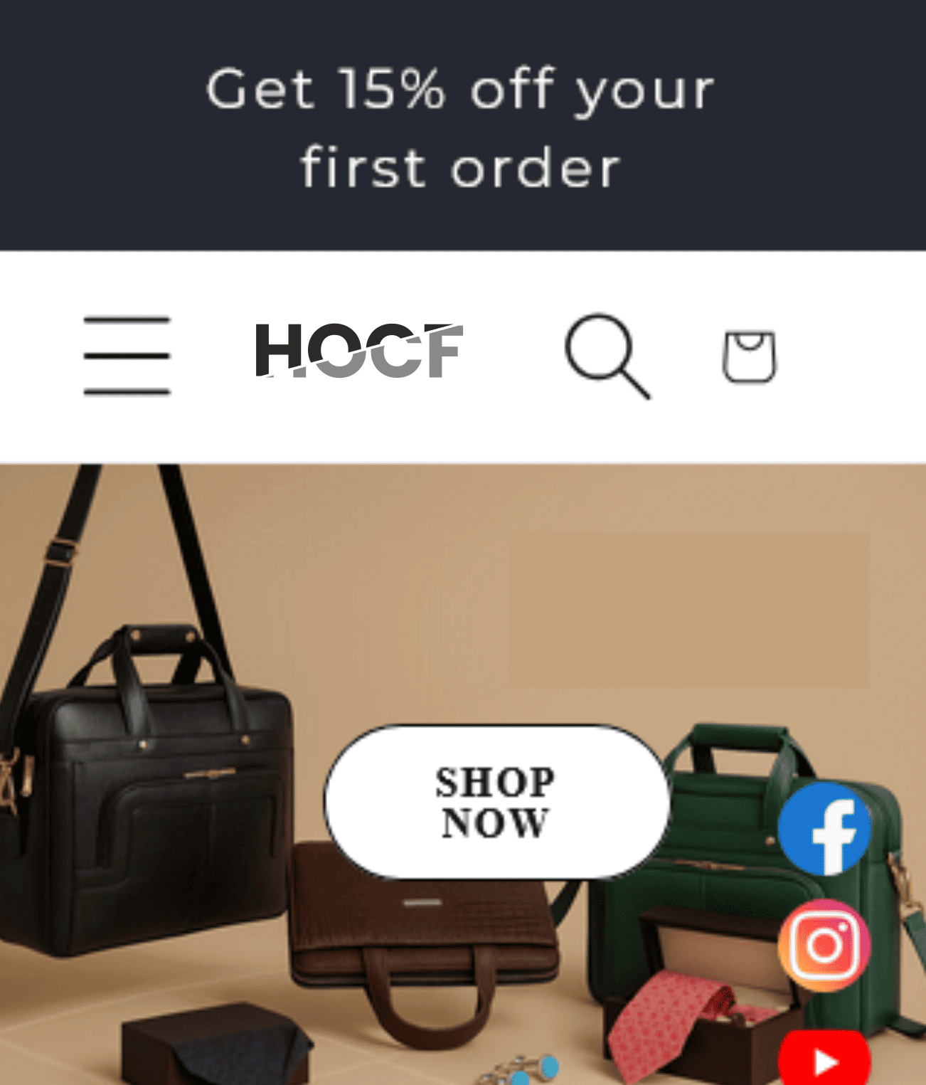 A close-up view of a men's fashion website for HOCF, showing a header with a 15% off promotion. The main image features various men's leather bags and accessories with a "Shop Now" button in the center. Social media icons for Facebook, Instagram, and YouTube are visible on the side.