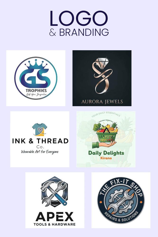 Professional logo design and branding services by Hariom Webcraft featuring examples for trophies, jewelry, apparel, grocery, and hardware businesses.