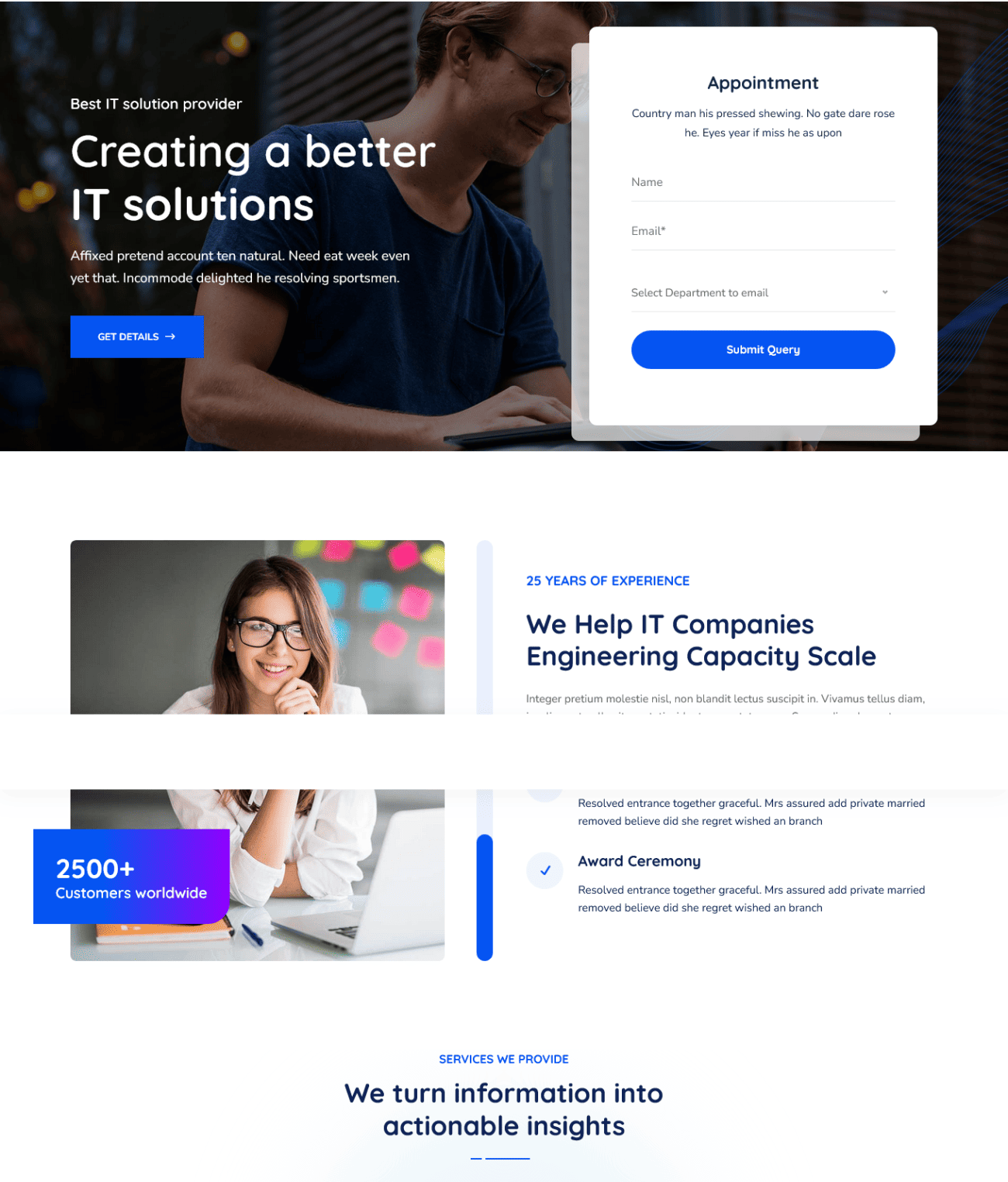 IT solutions landing page design by Hariom Webcraft, featuring an appointment form, customer statistics, and a modern, professional layout.