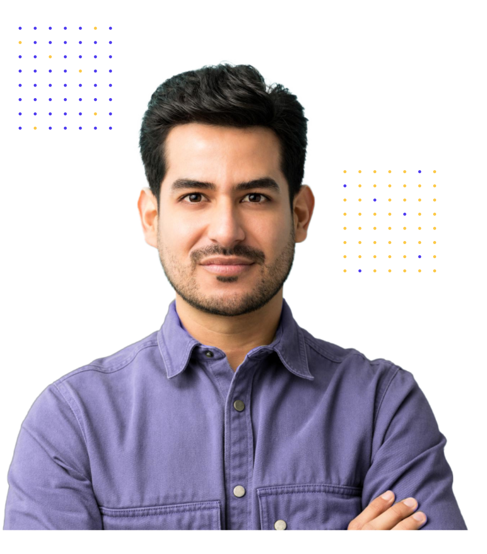 A professional headshot of a smiling, confident male in a purple shirt with his arms crossed. The background is transparent with decorative, abstract square patterns.