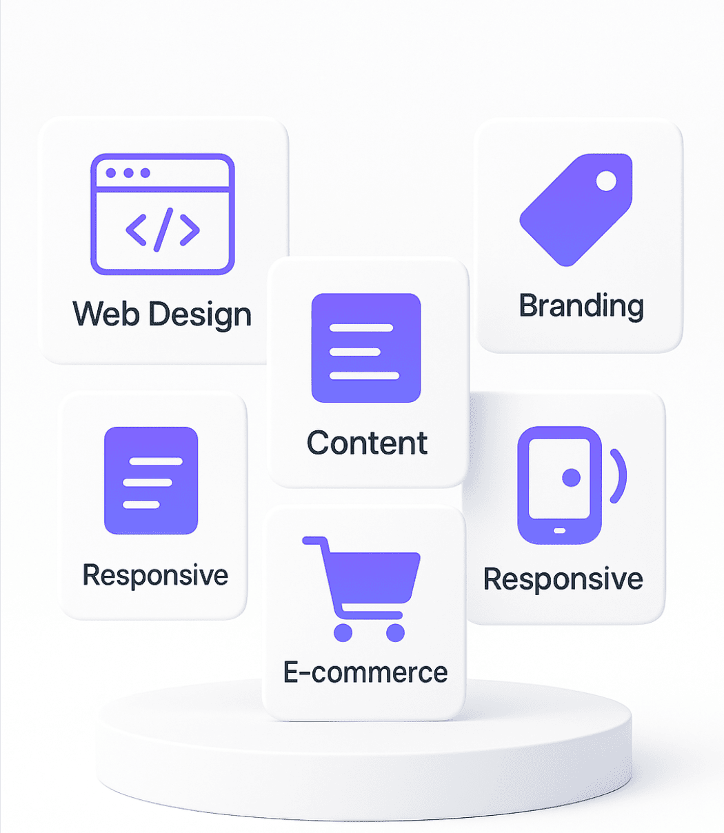 A 3D graphic showing cubes representing web services: Web Design, Branding, Content, Responsive design, and E-commerce solutions.