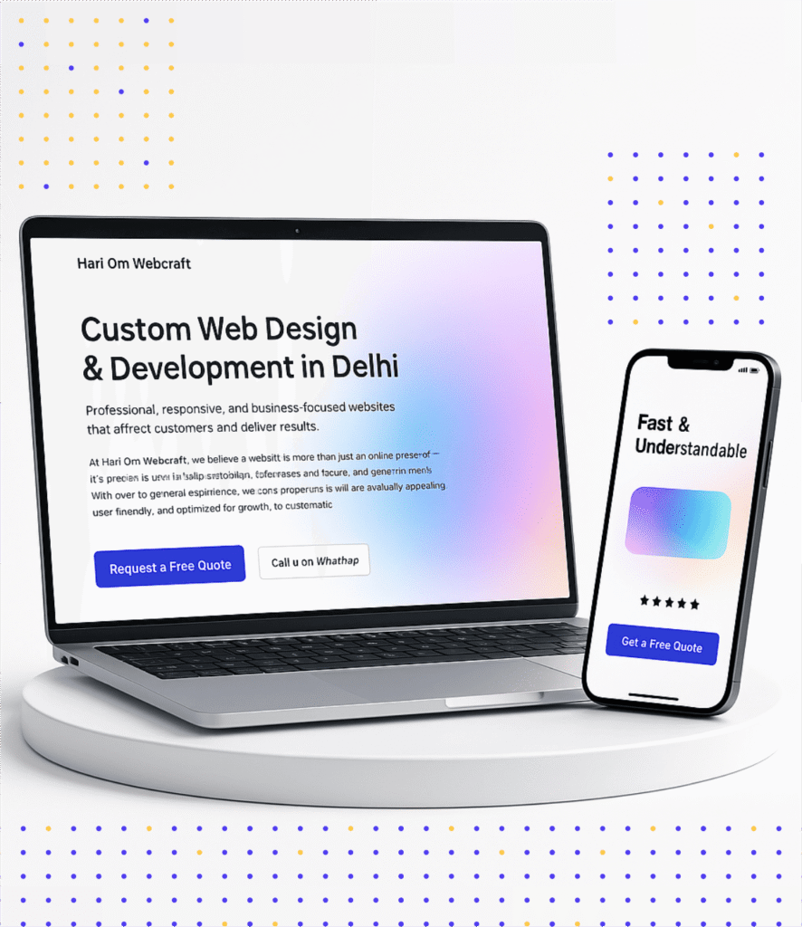A professional illustration of a laptop and a smartphone displaying a business website, with the text "Custom Web Design & Development in Delhi." The laptop shows a website hero section with a call-to-action button "Request a Free Quote," and the phone screen highlights a "Fast & Understandable" user experience.