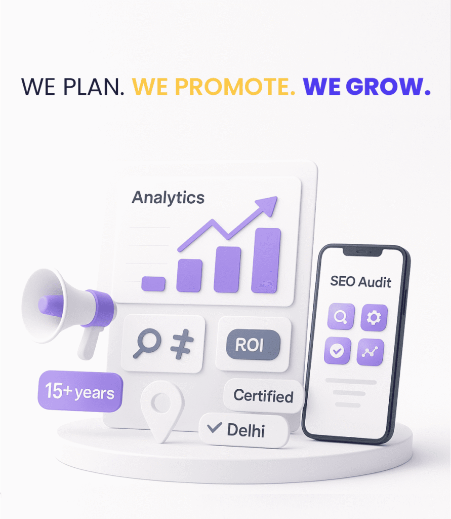 3D graphic representing digital marketing services including SEO, analytics, and ROI for businesses in Delhi with over 15 years of experience.