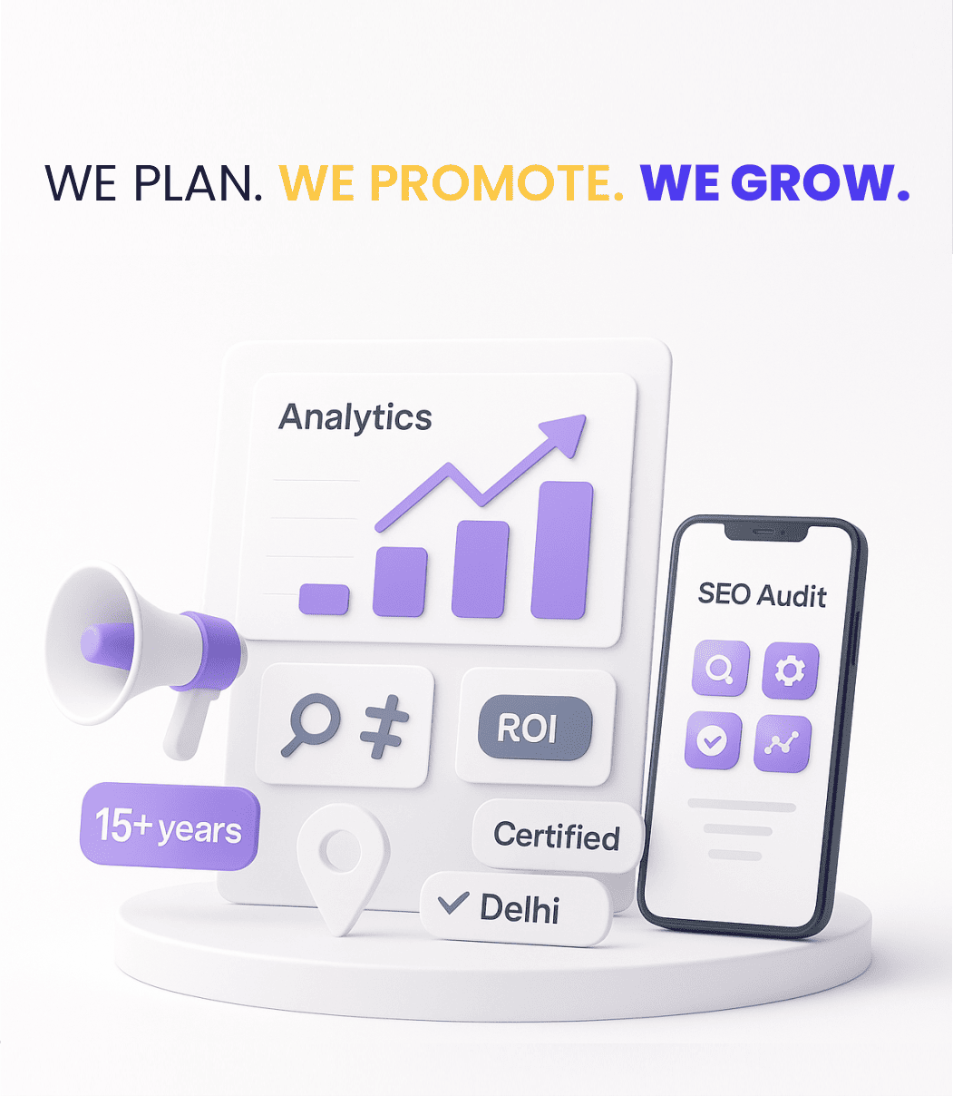 3D graphic representing digital marketing services including SEO, analytics, and ROI for businesses in Delhi with over 15 years of experience.