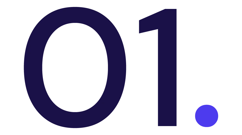 A large, dark blue, and pixelated "01" followed by a small blue dot on a black background, representing the first step in a process.