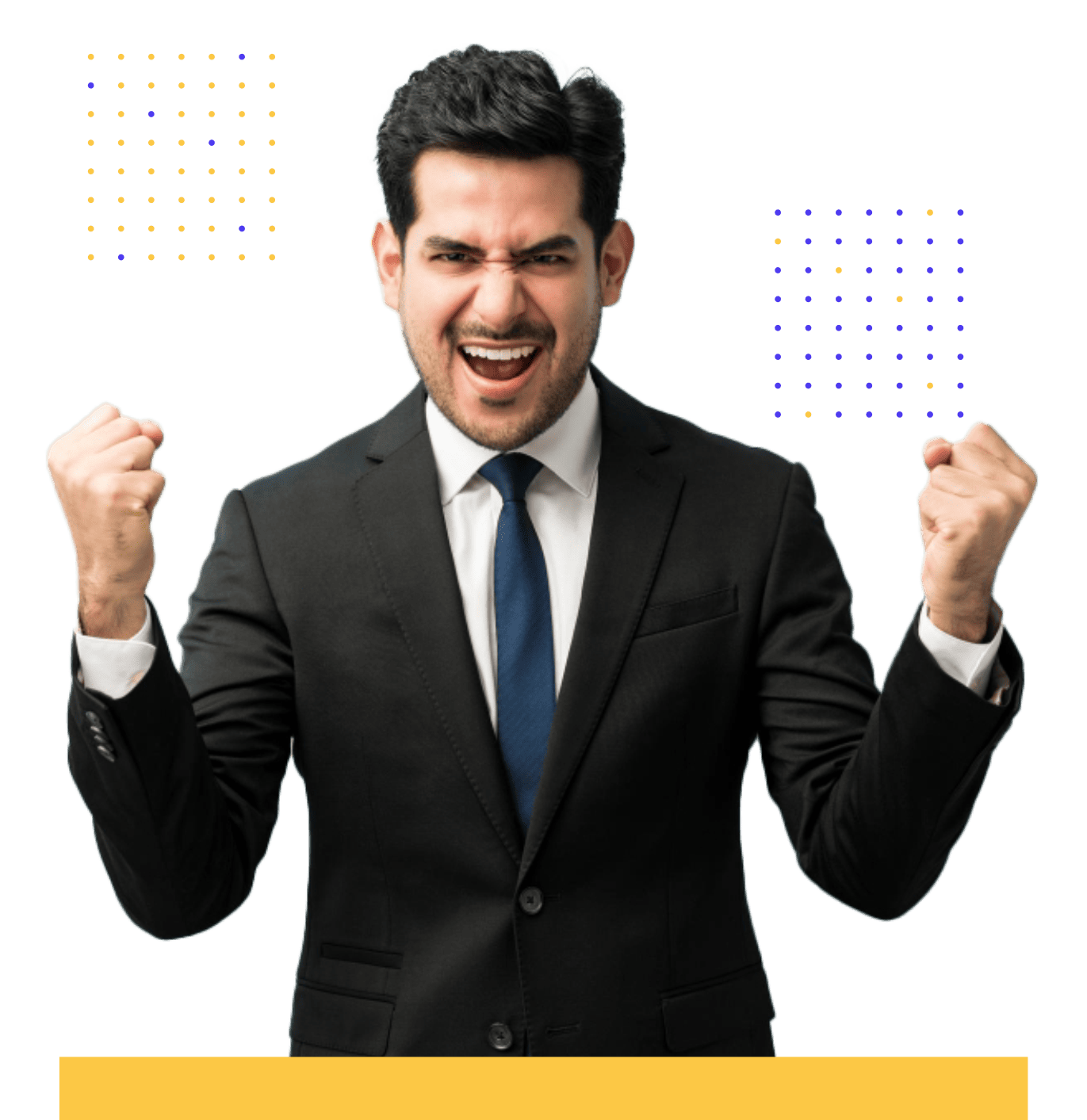 A triumphant man in a black suit and a blue tie, clenching his fists and smiling with an excited, celebratory expression. The background is a vibrant green with abstract purple and gold squares.