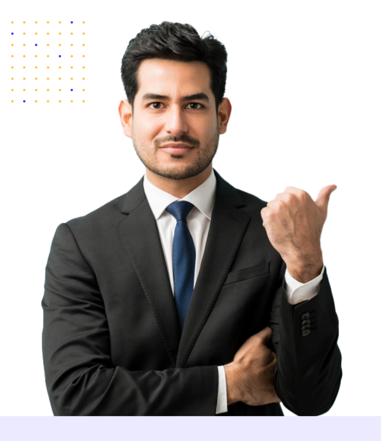 A confident and smiling male professional in a black suit and blue tie pointing with his thumb to the right side of the image. The background is transparent with decorative, abstract square patterns.